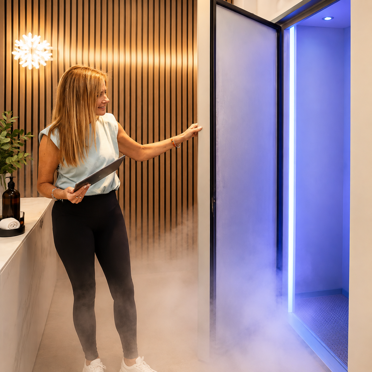 A client stepping into the Mecotec cryotherapy chamber at Cryo Revive